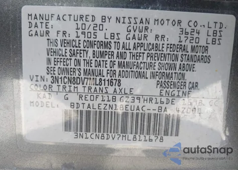 2021 Nissan Versa S Xtronic Cvt from USA, damaged, VIN 3N1CN8DV7ML811678